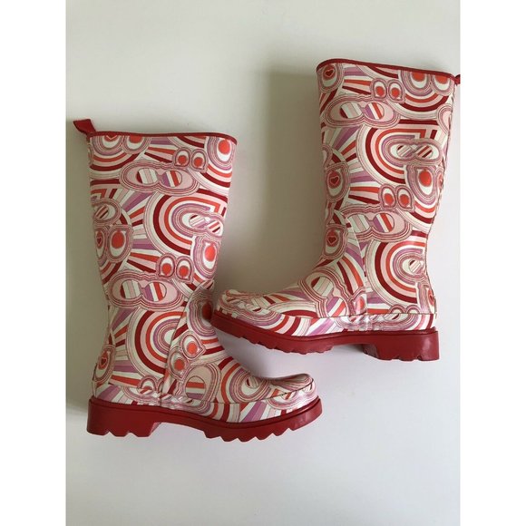 COACH❤️RED/PINK PAISLEY Monogram Rubber RAIN BOOTS - Picture 5 of 10